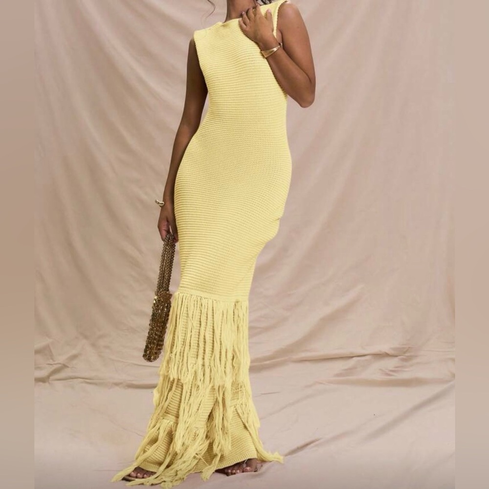 Sleeveless Yellow Fringe Maxi Dress